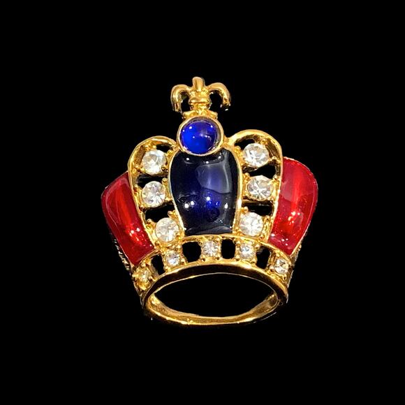 Vintage Jeweled Gold Crown Brooch Scarf Slide | Red Blue Rhinestones - Picture 3 of 7